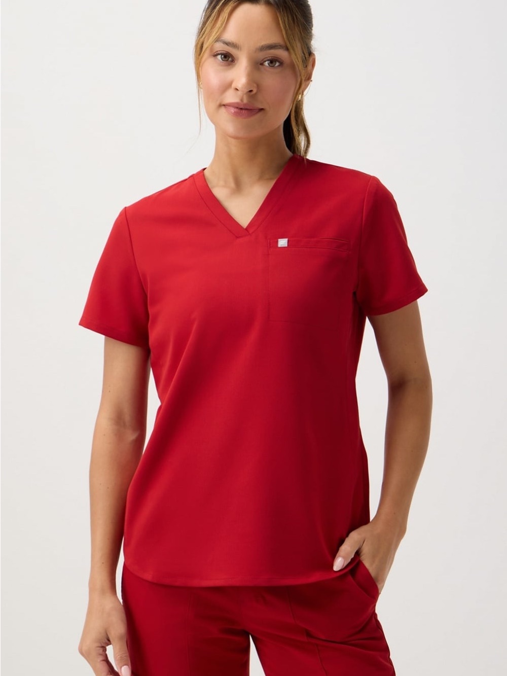 Fabletics “Holly Berry” Red V Neck One Pocket Scrub Top